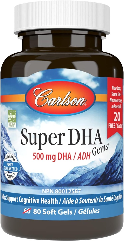 Carlson - Super DHA Gems, 500 mg DHA Kosttilskud, 640 mg fedtsyrer, Wild- Fanget Norsk Arctic Fish Oil Concentrate, Sustainable Sourced Nordic Fish Oil Capsules, 60 + 20 Softgels