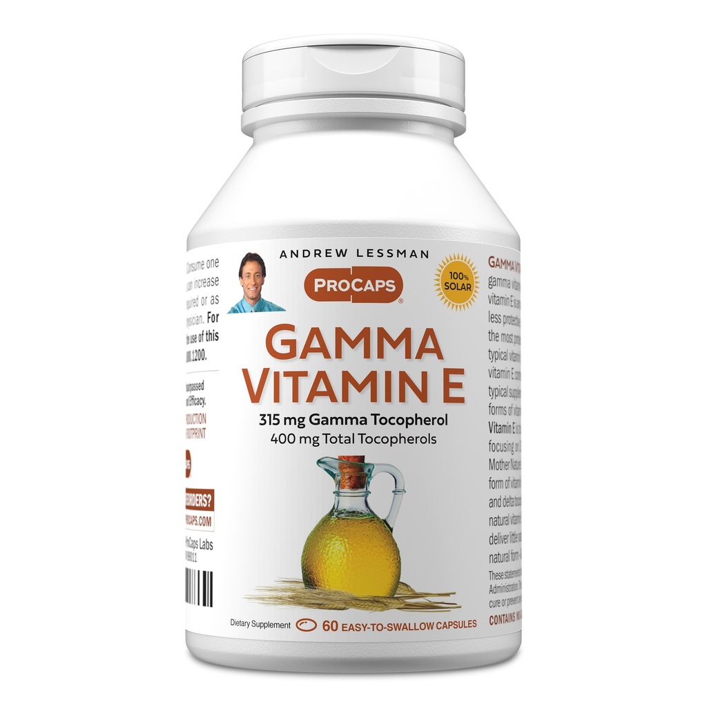 ANDREW LSSMAN Gamma Vitamin E 60 Softgels - 315 mg Gamma Tocopherol, Beskyttende Vitamin E. Fire former for naturlige tocopheroler med Ahiflower Oil. Kraftfuld Antioxidant. Ingen syntetiske formularer