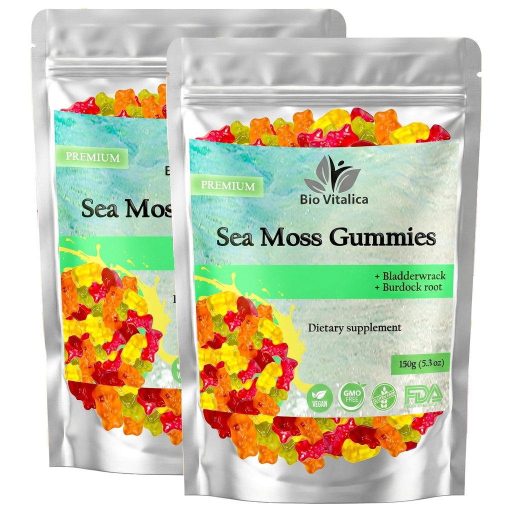 BIO VITALICA Sea Moss Gummies - med Bladerwrack & Burdock Root - Wildcrafted Gel + Powder - Vegan, Keto, non-GMO, Gluten- Free - Fruity Mineral- Rich Gummies - 50 Greve (2 Pack)