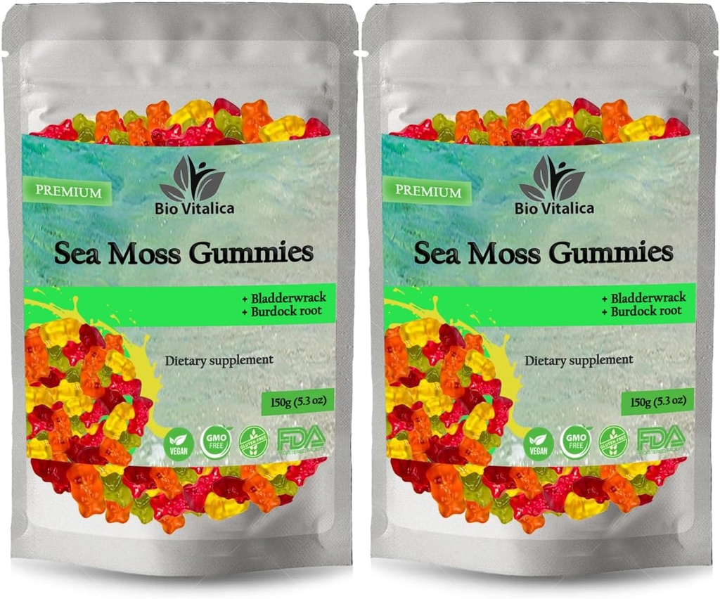 BIO VITALICA Sea Moss Gummies - med Bladerwrack & Burdock Root - Wildcrafted Gel + Powder - Vegan, Keto, non-GMO, Gluten- Free - Fruity Mineral- Rich Gummies - 50 Greve (2 Pack)