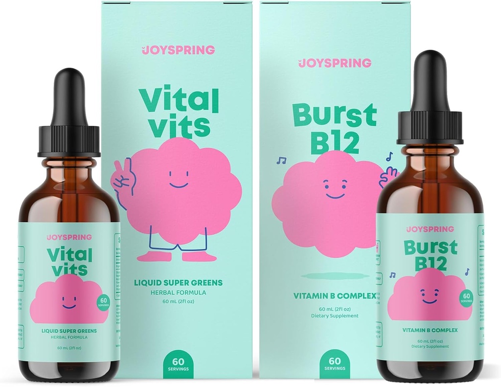 JoySpring Daily Multivitamin & B Complex Bundle â 124; Kids Vitaminer naturligt sourced, Non- GMO, Non- Alkoholic Liquid Formel, Immunitet sundhedsstøtte â 124; Vegansk & Vegetarisk Kosttilskud