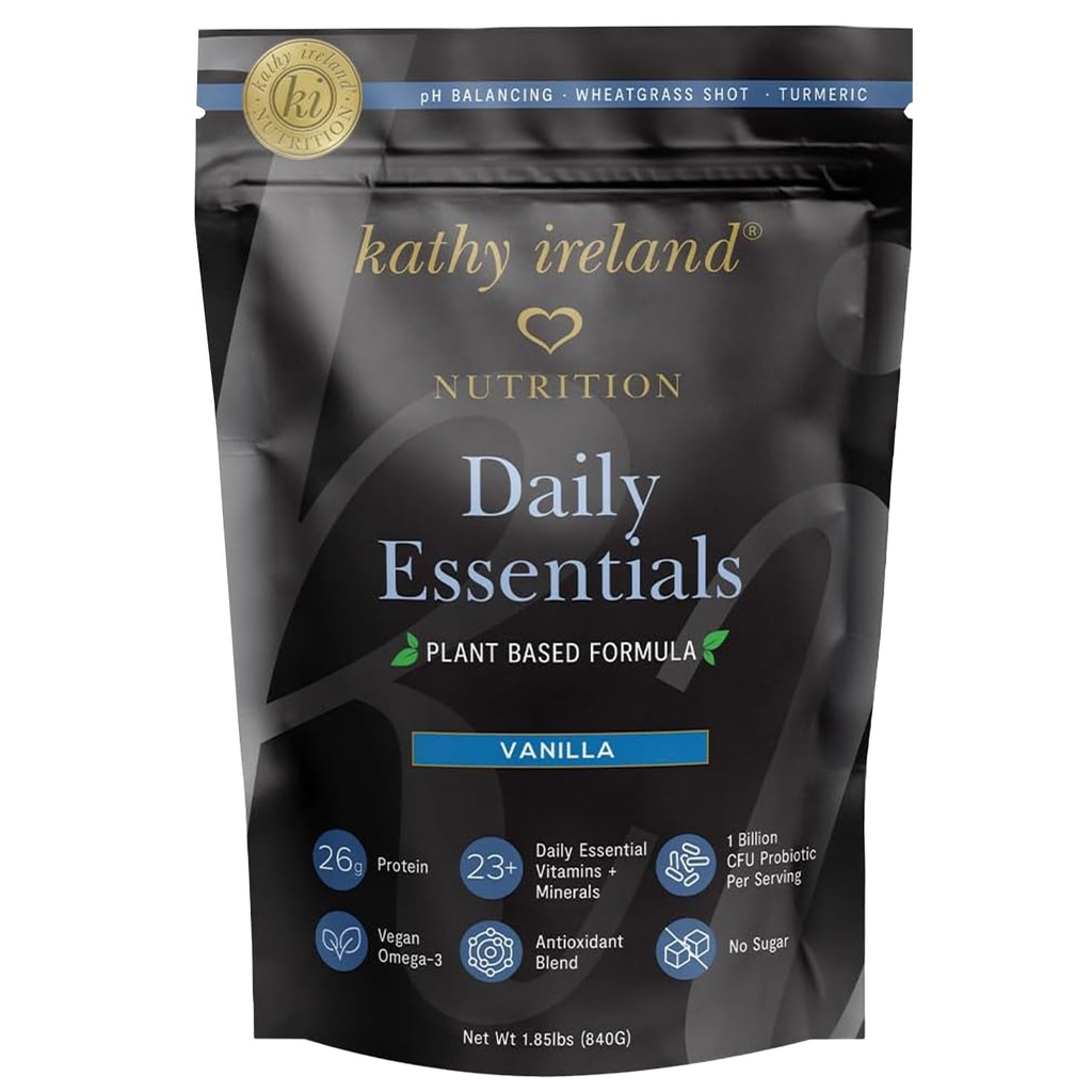 Kathy Ireland Plant- based Vanilla Protein Powder, 26g Protein, Low- Carb Meal Erstatning, Pea, Mung & Fava Bean Blend med Probiotika, Vitamin & Min, 1,85 lbs