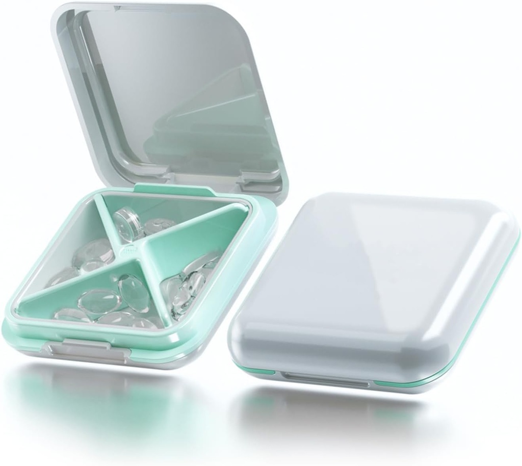 Lille pillekasse Vandtæt rejsepille sag Portable Daily Pill Container Pill Holder Purse 4 Compartments Pocket Compact Medicine Organizer for Vitamin / Fish Oils / Kosttilskud / Medicin (hvid)