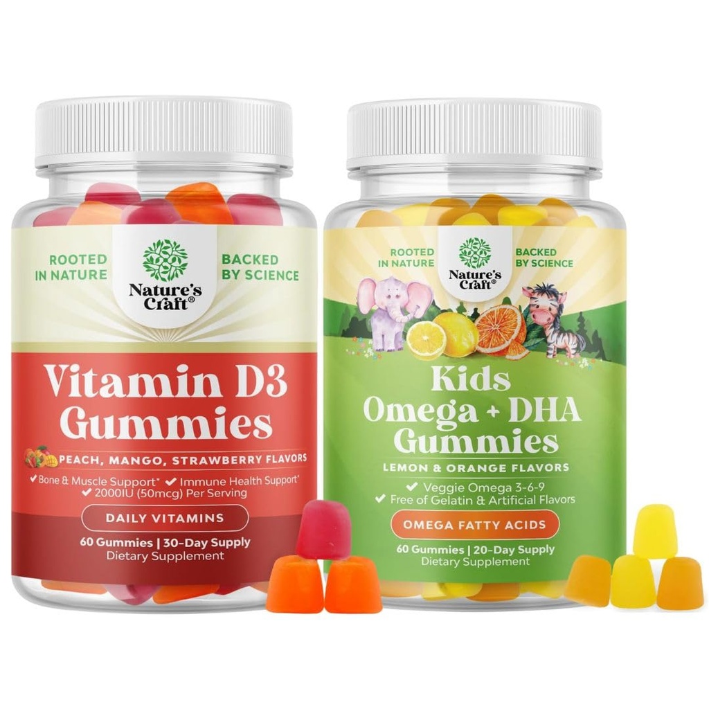Bundle af vitamin D3 Gummies for daglig wellness med 2000IE per servering Knoglemuskel & immunstøtte og børn DHA Omega 3 Gummies - fede syrer Omega 3 6 9 for hjerne, immunstyrke & vision