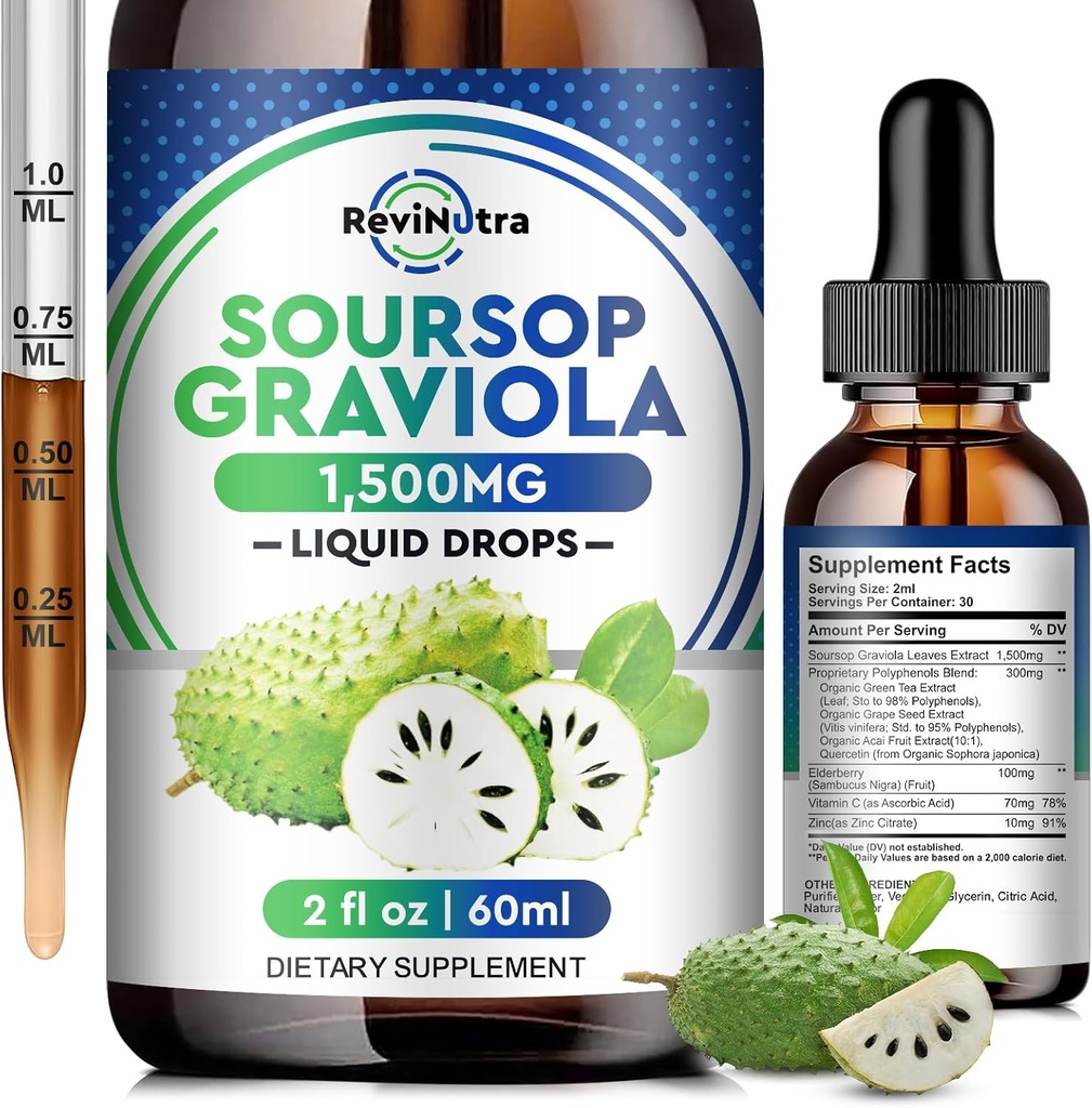 Soursop Graviola Liquid Drops - 8 i 1 Organic Soursop Extract med Elderberry, Quercetin, Soursop Bitters Liquid Kosttilskud til immunboost, Herbal Soursop Oil Graviola Leaf Tinktur, 2 Fl Oz