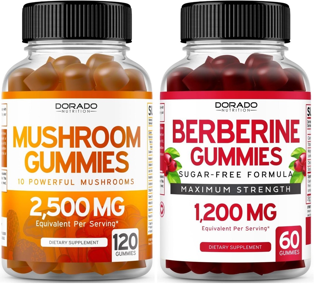 Mushroom Gummies (120 Gummies) Focus & Brain Mushroom Supplement og Berberine med Ceylon Cinnamon (60 Greve) Premium Sugar- Free Supplement for voksne - Third-Party Testet, non-GMO & Made in USA