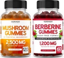 Mushroom Gummies (120 Gummies) Focus & Brain Mushroom Supplement og Berberine med Ceylon Cinnamon (60 Greve) Premium Sugar- Free Supplement for voksne - Third-Party Testet, non-GMO & Made in USA