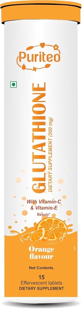 Glutathion 15 Effervescent tabletter med C-vitamin & E, for Clear Skin & Hydration, Ingen tilsat sukker, orange smag - (15 tabletter, pakke med 1)