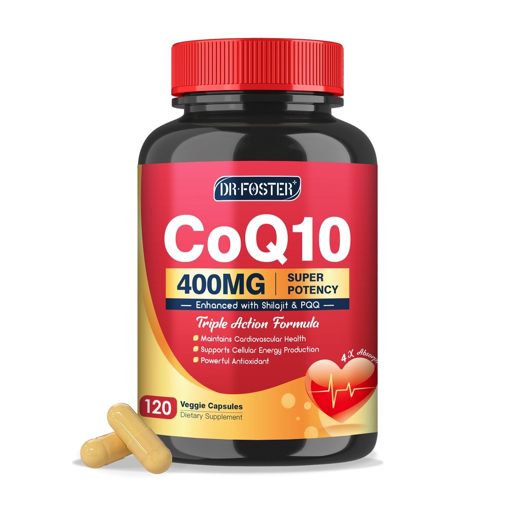 DRFOSTER CoQ10 400mg- High Absorption Coenzym Q10 Supplements with PQQ, Shilajit & Vitamin E, Powerful Antioxidant for Heart & Brain Health and Energiy-Production 120 Veggie Capsules