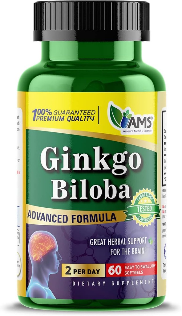 America Medic & Science Ginkgo Biloba 60mg (60 Softgels) - 124; Brain Booster supplement til mænd og kvinder - 124; Mind Enhancer med urteudtræk