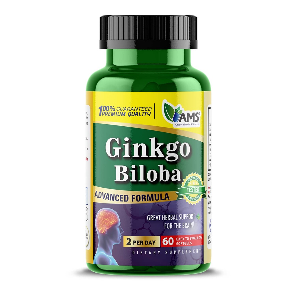 America Medic & Science Ginkgo Biloba 60mg (60 Softgels) - 124; Brain Booster supplement til mænd og kvinder - 124; Mind Enhancer med urteudtræk