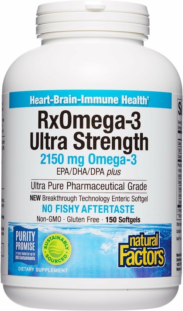 Naturlige faktorer RxOmega-3 Ultra Strength - Kosttilskud til hjerne og hjerte - Eye Health Supplement med EPA & DHA - Supplement med Omega-3 fedtsyrer - 150 Softgels (75 Servere)