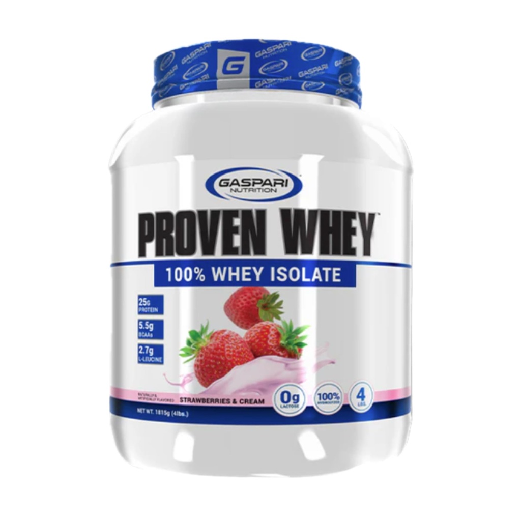 Gaspari Nutrition Proven Whey, 100% Hydrolyzed Whey Isolate, High Protein, Lactose Free, Low Carbohydrat and Low Sugar (4lb, Jordbær & Cream)
