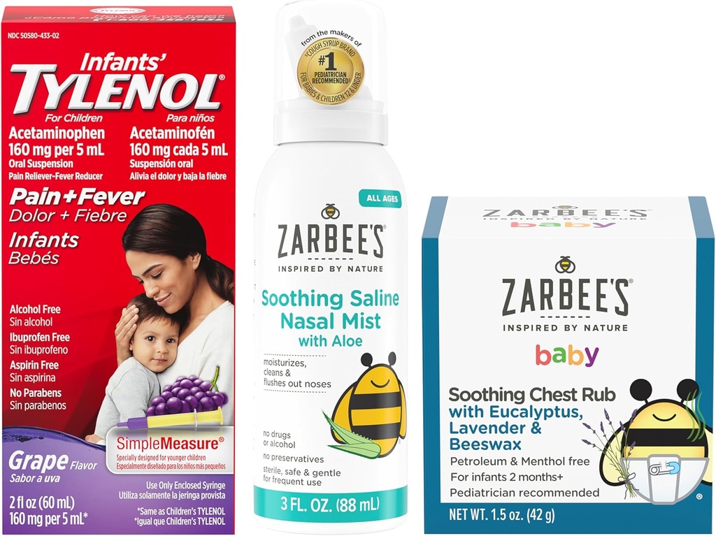 Tylenol og Zarbee 's Baby Essentials Bundle for spædbørn: Spædbørn Acetaminophen Liquid Medicine, Zarbee' s Baby Lindrende Nasal Spray, og Zarbee 's Baby Lindrende Eucalyptus & Lavinal Chest Rub