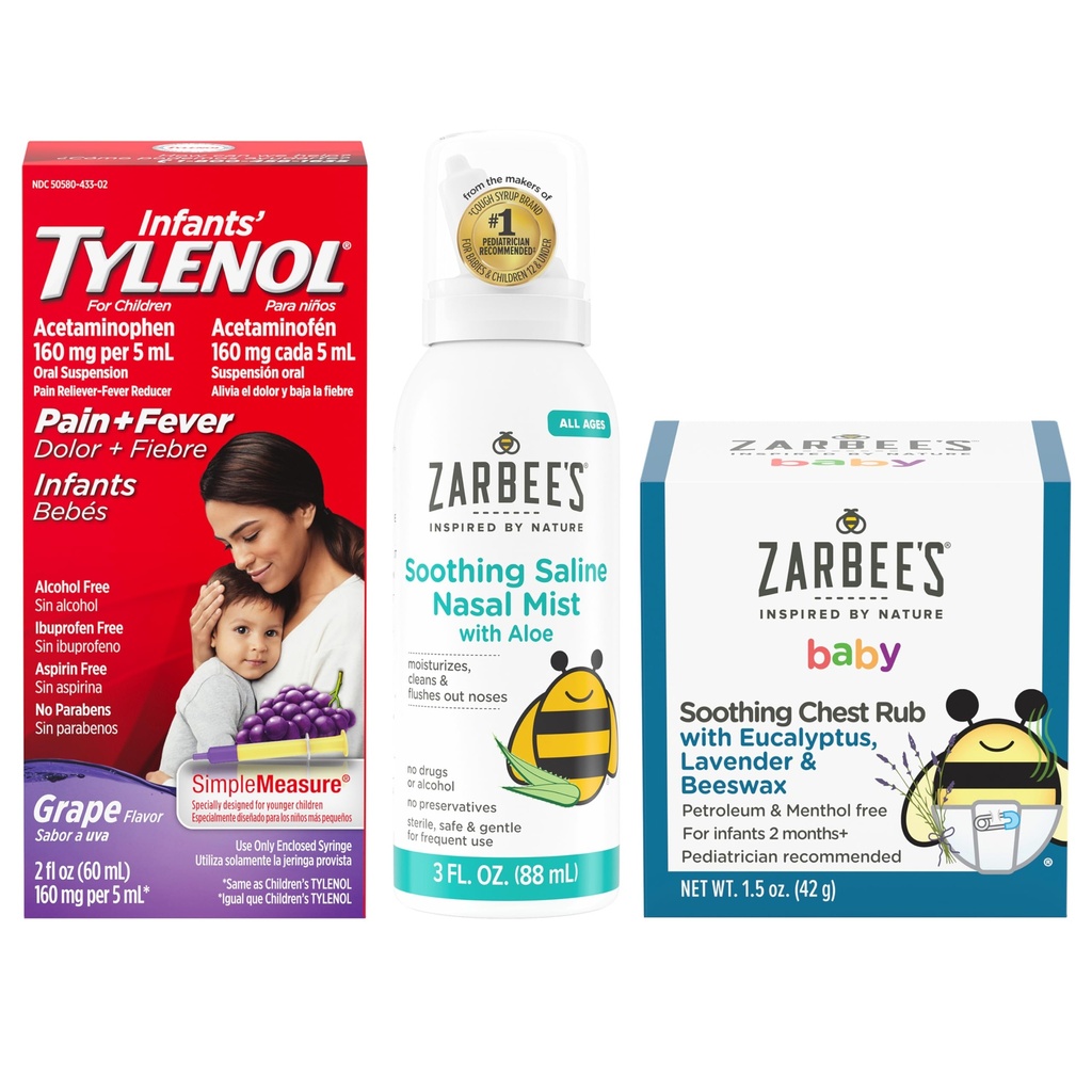Tylenol og Zarbee 's Baby Essentials Bundle for spædbørn: Spædbørn Acetaminophen Liquid Medicine, Zarbee' s Baby Lindrende Nasal Spray, og Zarbee 's Baby Lindrende Eucalyptus & Lavinal Chest Rub