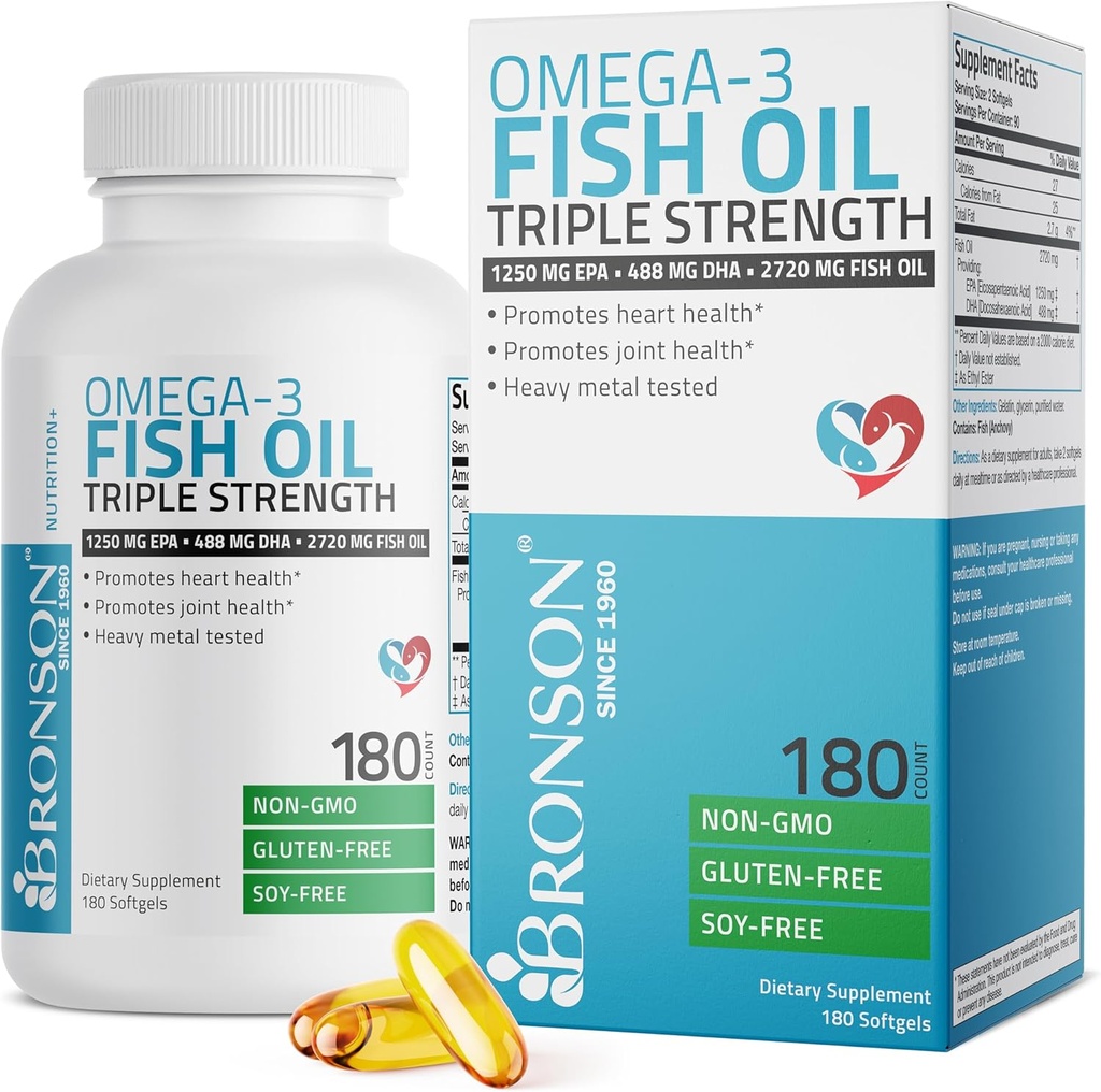 Bronson Omega 3 Fish Oil Triple Styrke 2720 mg, High EPA 1250 mg DHA 488 mg, Non- GMO Heavy Metal Tested, 180 Softgels