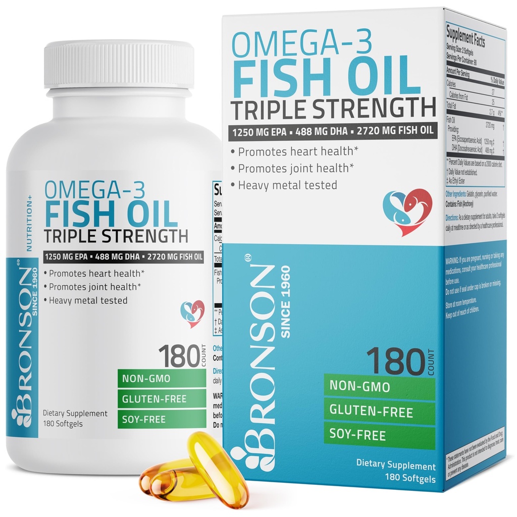 Bronson Omega 3 Fish Oil Triple Styrke 2720 mg, High EPA 1250 mg DHA 488 mg, Non- GMO Heavy Metal Tested, 180 Softgels