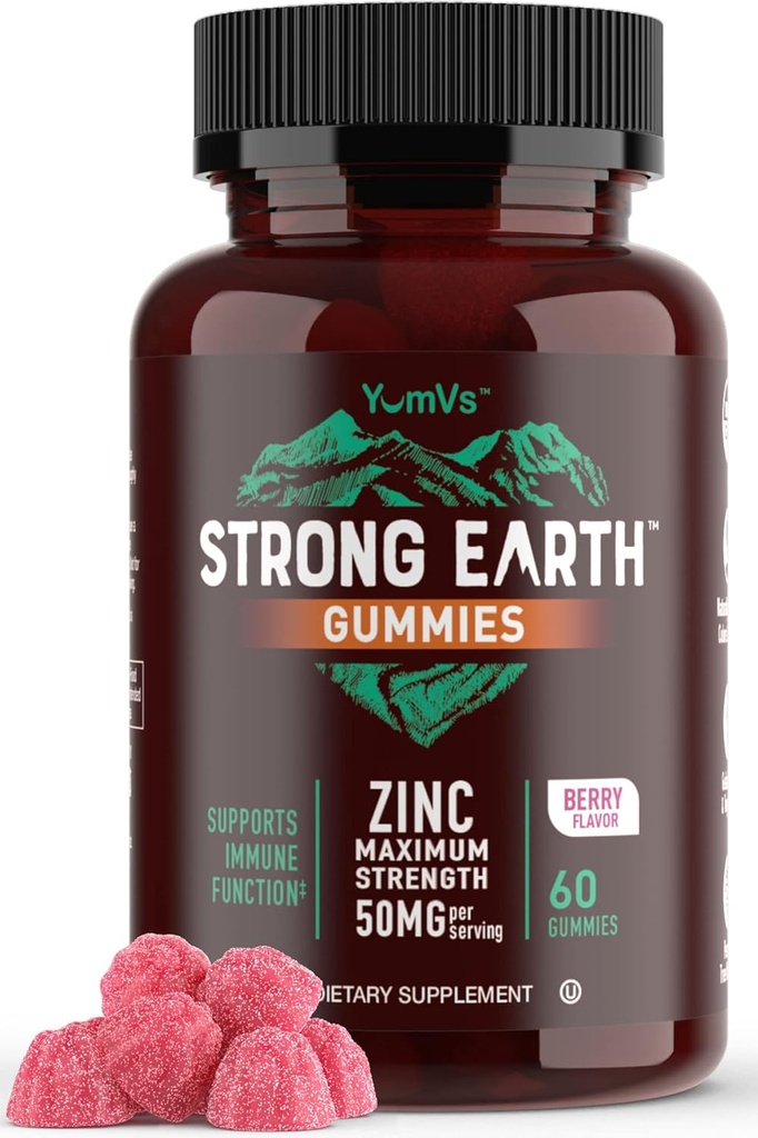 Strong Earth - 50mg Zinkgummier til børn og voksne (60 Greve) - immunforsvar & antioxidant supplement - lækker Natural Flavor Zink supplement Gummy - Gluten, ikke GMO, Vegan - Chewable Zink