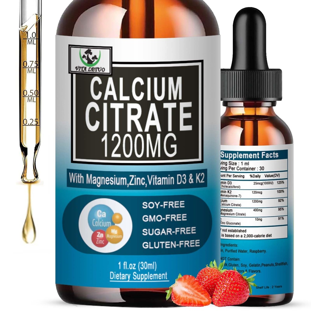 Calciumcitrat Supplement, 1200mg Calcium med vitamin D3 dråber til ben, tænder, kolon, cardiovaskulær sundhed, høj Absorption Væske Calcium Magnesium Citrat 400mg Plus Zink Vitamin K2, Vegan, 30 Servere