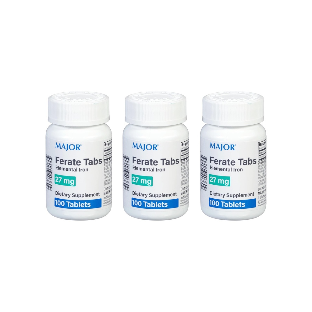 Major 27 mg Ferate Tabs - Ferrous Gluconate Elemental Iron Dietary Supplement - 100 Count (3 Pack)