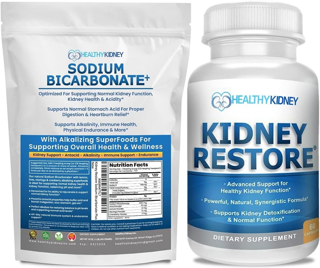 Nyregendannelse Organisk natrium Bicarbonat Alkaline Supplement 1LB Cleanse 60 Caps Bundle - Understøtter Nyresundhed, Neutraliserer Mavesyre, Alkaline Superfoods, immunforsvar, Antacida & Vitaminer f