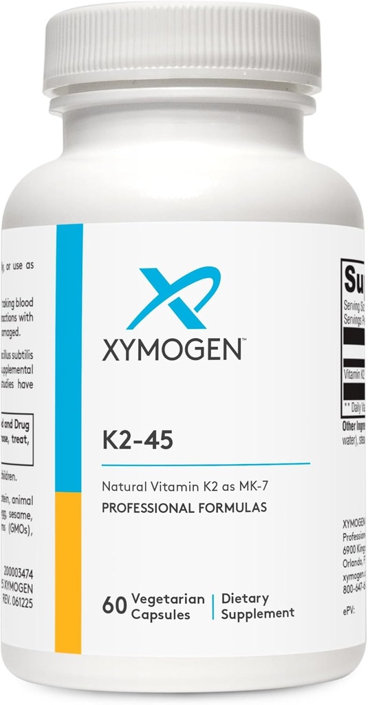 XYMOGEN K2- 45 Vitamin K - Vitamin K2 MK- 7 Afledt fra non-GMO soybeans - Den mest biotilgængelige form af K2 Tilgængelig - Understøtter hjerte-kar-sygdomme + ben sundhed (60 kapsler)