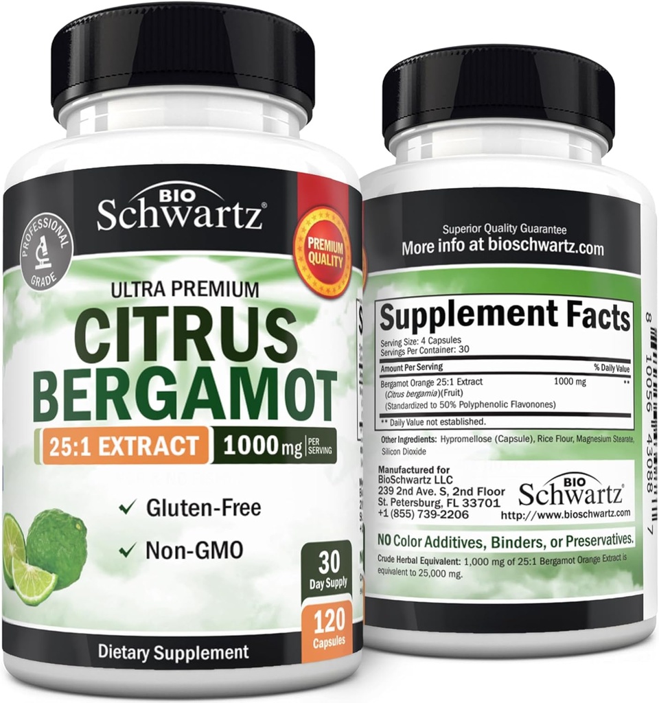 Citrus Bergamot 1000mg - Citrus Bergamot Supplement for Cholesterol og Heart Health - Ultra koncentreret fra frisk frugt til forbedret absorption - Vegan, Non- GMO, Gluten- Free - 120 Mini kapsler