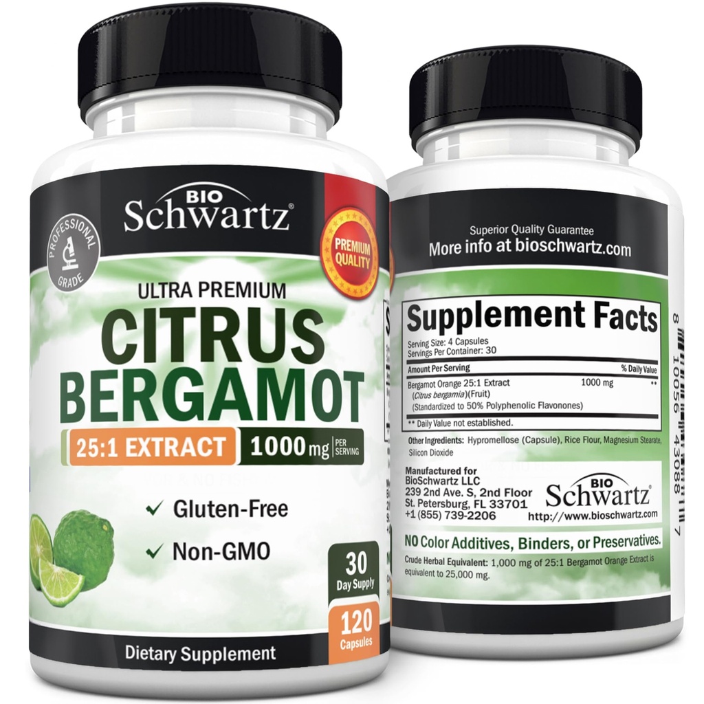Citrus Bergamot 1000mg - Citrus Bergamot Supplement for Cholesterol og Heart Health - Ultra koncentreret fra frisk frugt til forbedret absorption - Vegan, Non- GMO, Gluten- Free - 120 Mini kapsler