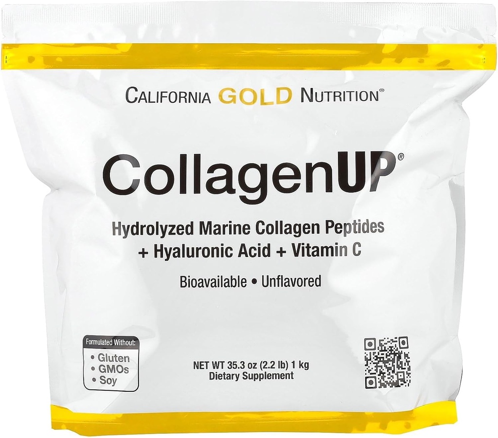California Gold Nutrition CollagenUP ®, Hydrolyzed Marine Collagen Peptider med Hyaluronsyre og C-vitamin, uden smag, 2,2 lb (1 kg)