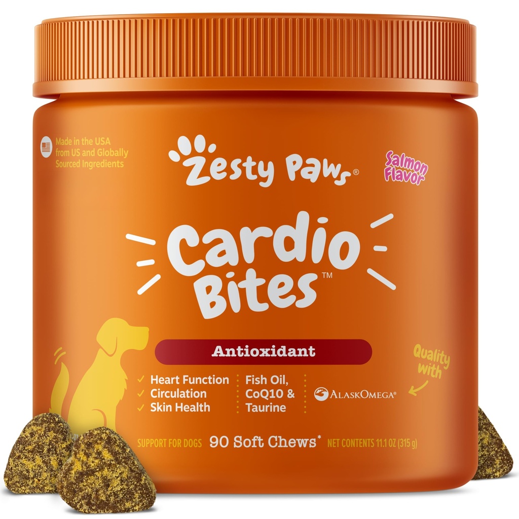 Zesess Paws Kardiovaskulær støtte til hunde - Taurine til hunde - med CoQ10, L Carnitin & Sea Buckthorn - Senior Heart Health - AlaskOmega Fish Oil Omega 3 - Senior - Laks - 90 Greve