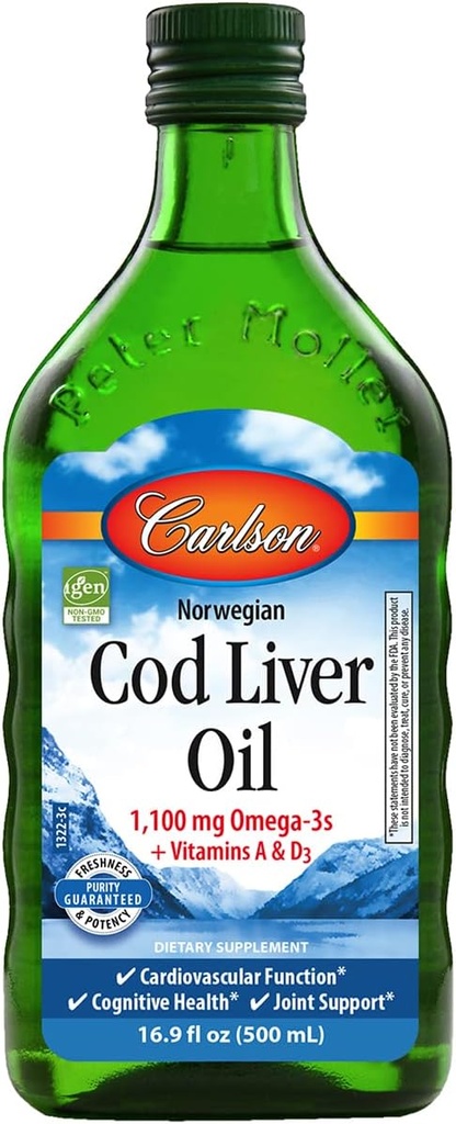 Carlson - Cod Lever Oil, 1100 mg Omega- 3s + A & D3, Wild- Fanget Norwegian Arctic Cod- Lever Oil, bæredygtigt syret Nordic Fish Oil Liquid, Unflavored, 500 ml (16,9 Fl Oz)