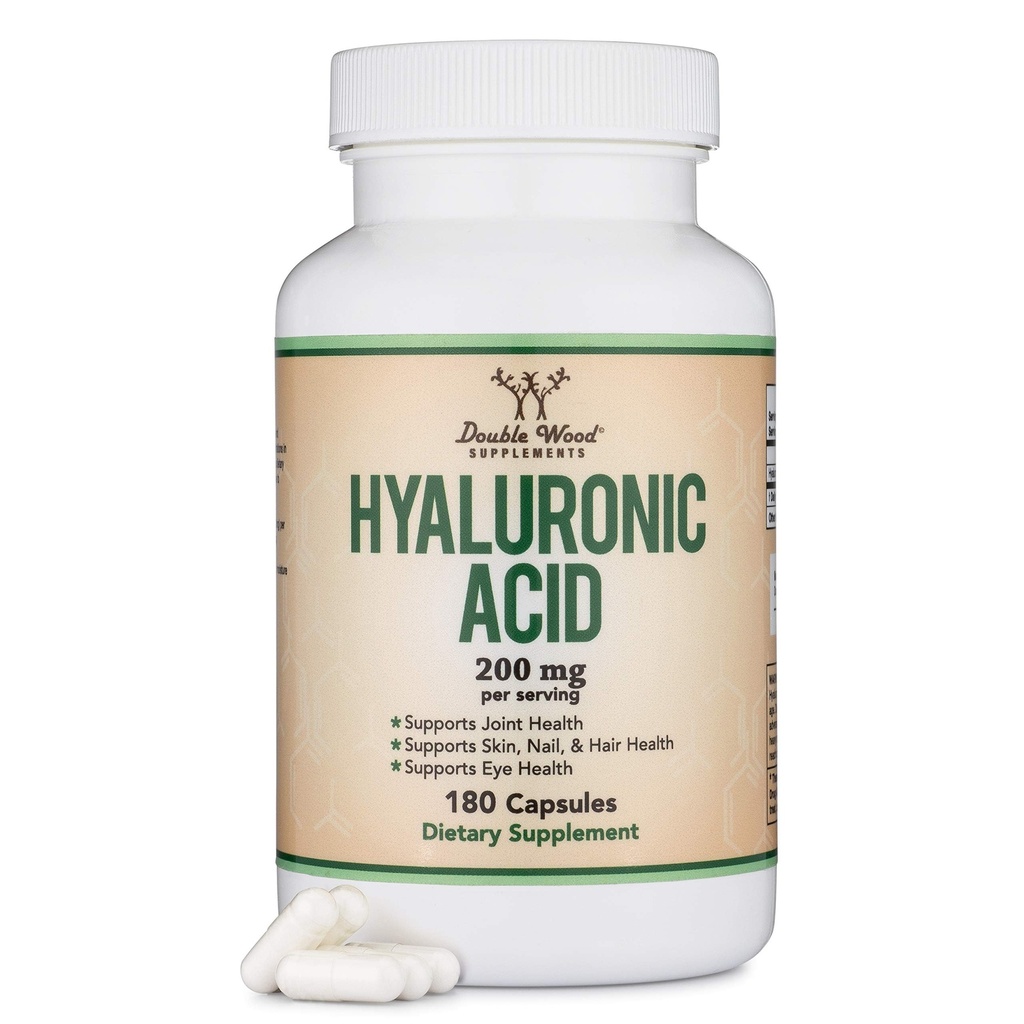 Hyaluronsyre Kosttilskud -180 kapsler (Forbedrer virkningerne af Hyaluronsyre Serum til ansigt) 200mg Per Servering til hud og ansigt Aging Support (Acido Hialuronico) Gluten Free by Double Wood