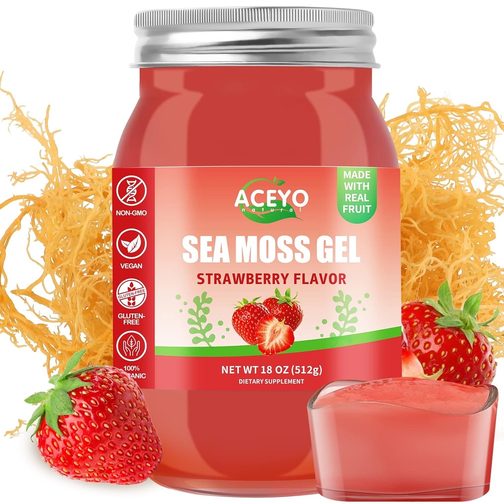 ACEYO (18 OZ) Irish Sea Moss Gel Raw Vegan Strawberry Flavor 102 Vitamin og mineral Wild Harfted non-GMO immunforsvar Booster Thyroid fordøjelsesstøtte