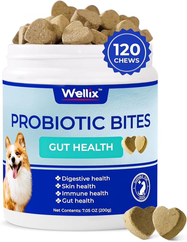 Wellix Probiotika til hunde - Hund Probiotiske Chews til hunde fordøjelsessygdomme, Forebygger Diarré, Allergier - Anti Diarré, Opsæt Mave & Gas Relief