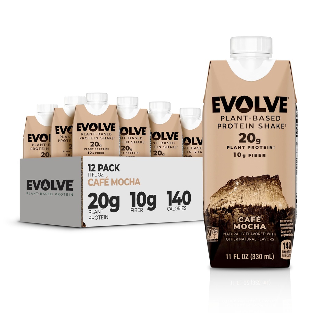 Evolve Plant Based Protein Shake, Café Mocha, 20g Vegan Protein, Dairy Free, Ingen kunstige sødestoffer, Non- GMO, 10g Fiber, 11oz, (12 Pack) (Formel May Vary)