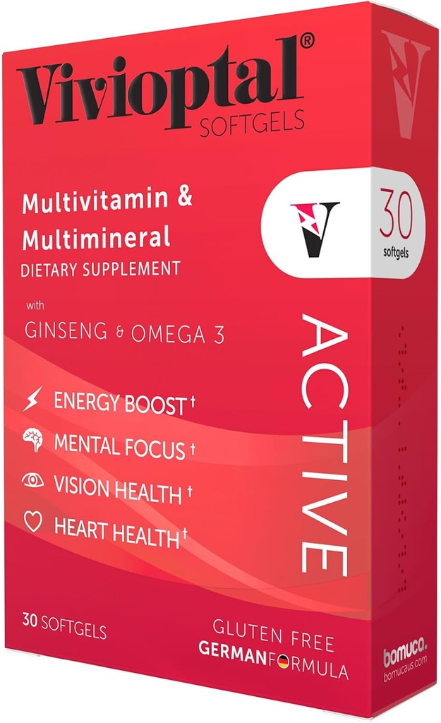 Vivioptal Active, 30 Softgel, Ginseng & Omega 3, Multivitamin & Multimineral, Gluten Free, Tysk Formel