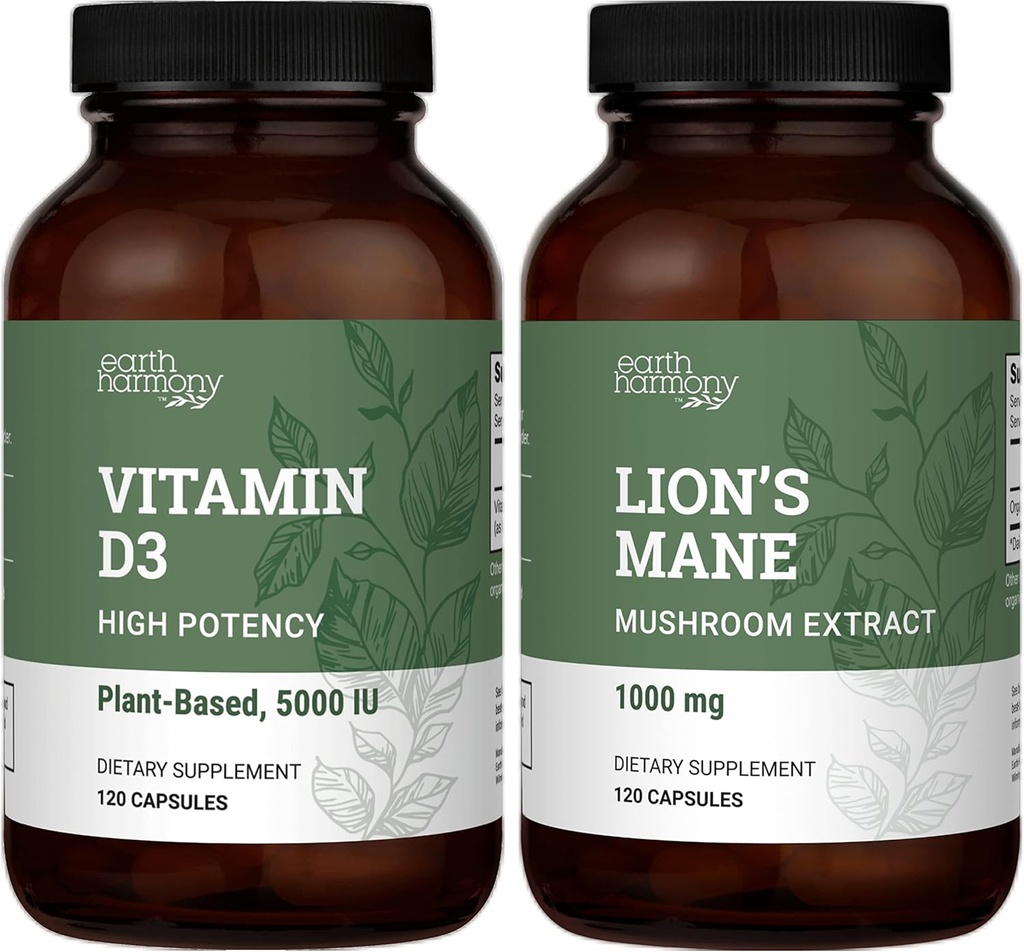 Earth Harmony Vegan Vitamin D3 5000 iu & Organic Lions Mane 1000mg tillæg - 120 kapsler hver