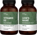 Earth Harmony Vegan Vitamin D3 5000 iu & Organic Lions Mane 1000mg tillæg - 120 kapsler hver