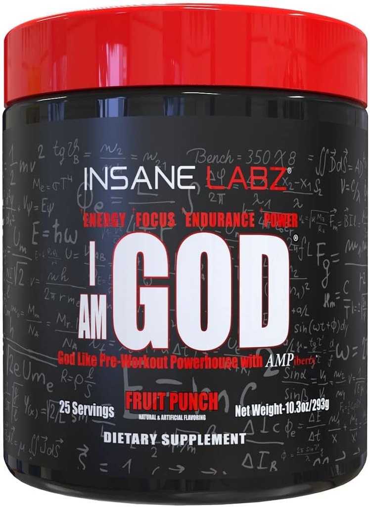 Insane Labz Jeg er Gud Pre Workout, High Stim Pre Workout pulver læsset med Creatin og DMAE bitartrate fueled by AMPiberry, Energy Focus Endurance Muskelvækst, 25 Srvgs, Fruit Punch