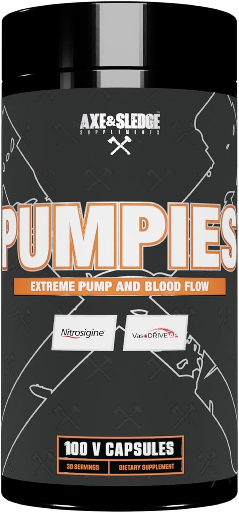 Axe & Sledge Kosttilskud PUMPIES Nitrooxide Booster med VasoDrive- AP og Nitrosigine, Øge Pumper, ydeevne og inddrivelse, 20 Servere, 100 Kapsler