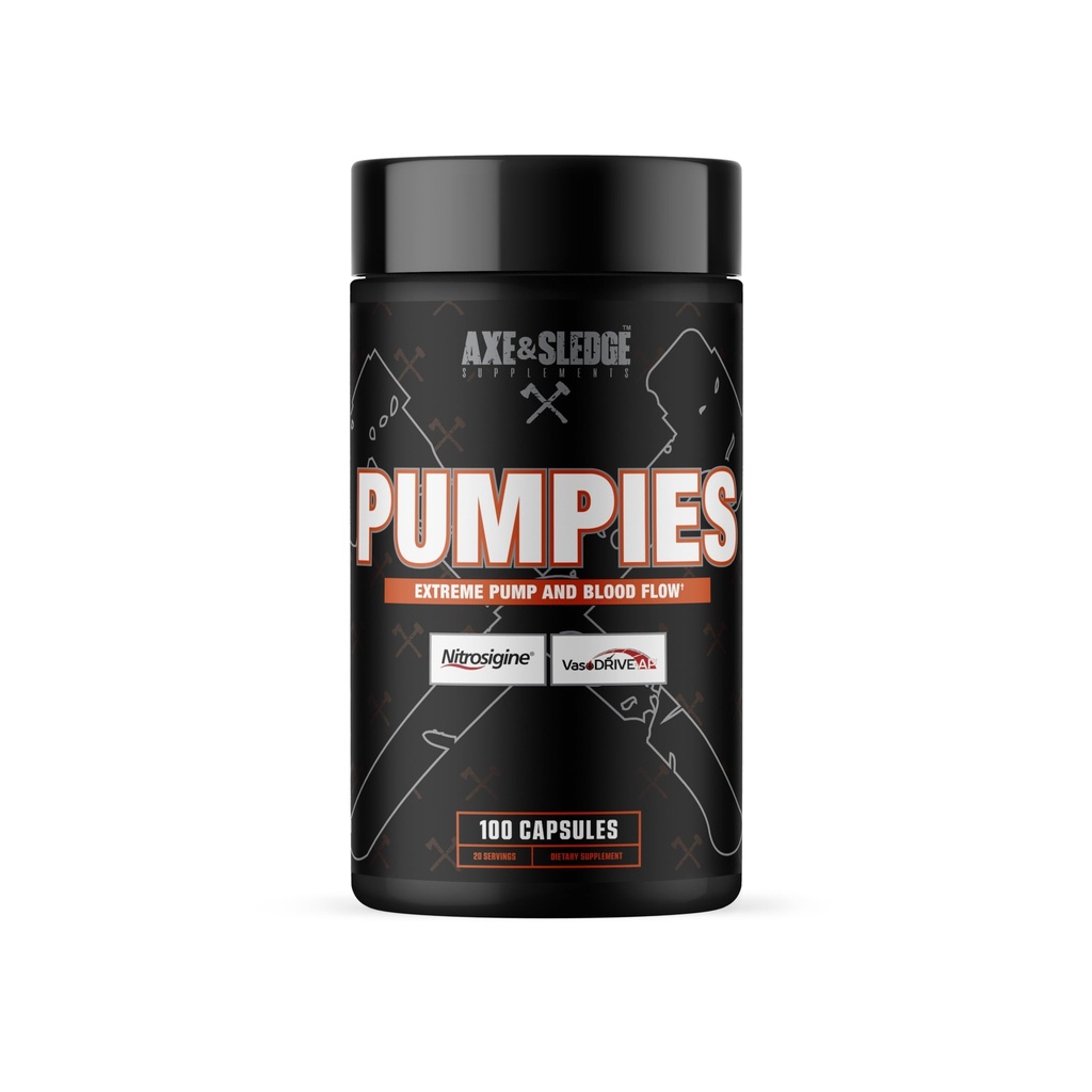 Axe & Sledge Kosttilskud PUMPIES Nitrooxide Booster med VasoDrive- AP og Nitrosigine, Øge Pumper, ydeevne og inddrivelse, 20 Servere, 100 Kapsler