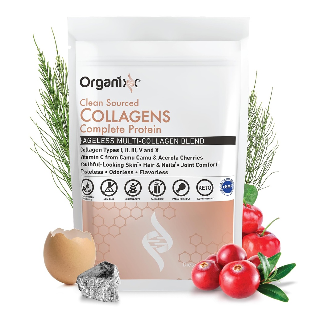 Organixx collagen peptider pulver med C-vitamin, type I, II, III, V, X Hydrolyzed collagen, hår, negl, hud, ben & fælles sundhed, Aging support, Clean Sourced, Gluten Free, Unflavored, 30 Serveringer