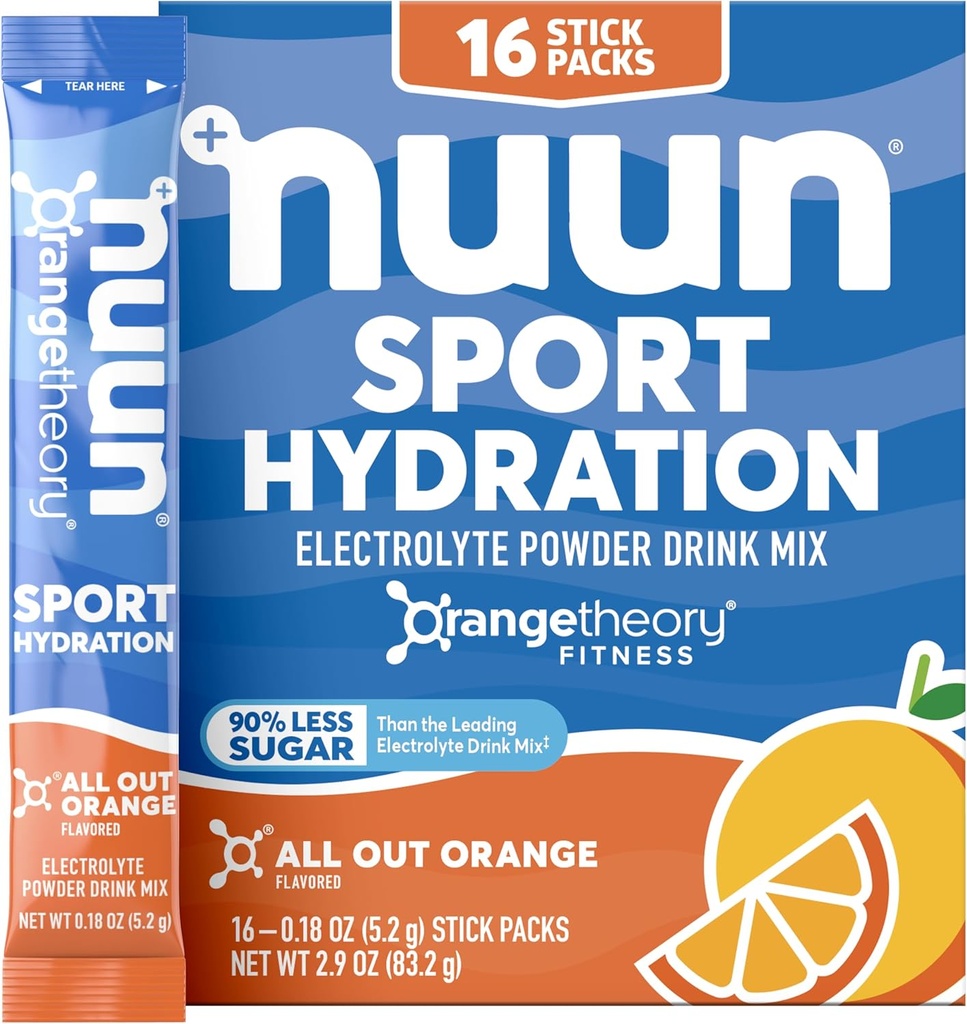 Nuun Sport Electrolyte Powder Pakninger med Magnesium, Calcium, Kalium, Chlorid, og Natrium, Hydration Pakninger til On- The- Go, All Out Orange Flavor, Gluten Free & Vegan, 16 enkeltportioner