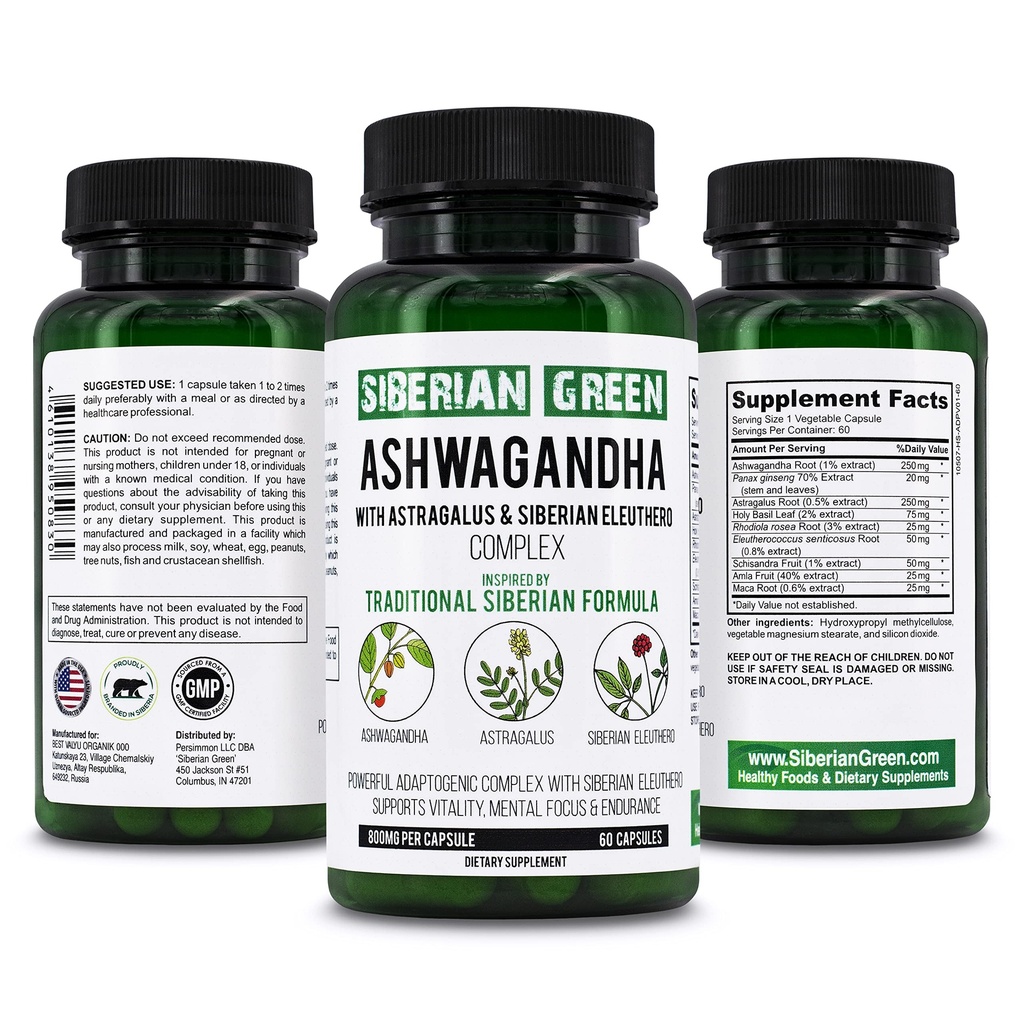 Siberian Green Organic Ashwagandha Root med Astragalus & Siberian Eleuthero Ginseng Complex 60 Kapsler Kraftig urtestøtte