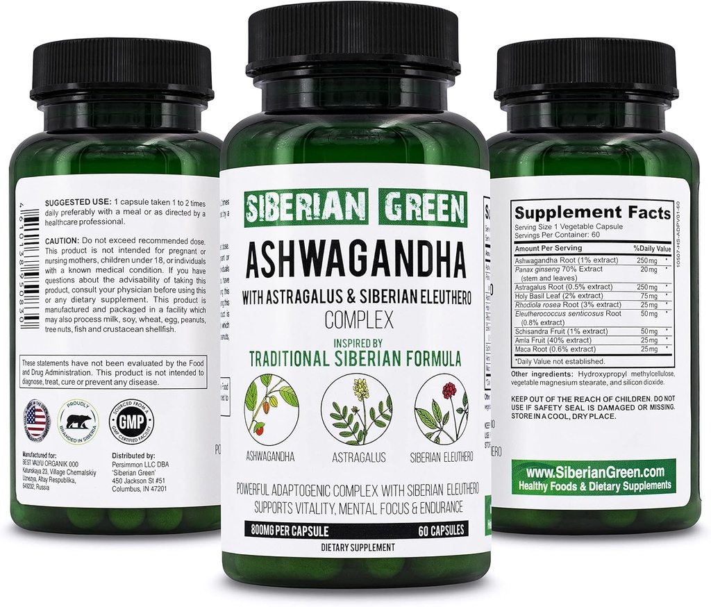 Siberian Green Organic Ashwagandha Root med Astragalus & Siberian Eleuthero Ginseng Complex 60 Kapsler Kraftig urtestøtte