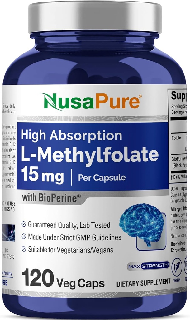 NusaPure L Methylfolat 15mg, 120 Veggie kapsler, Bioperine