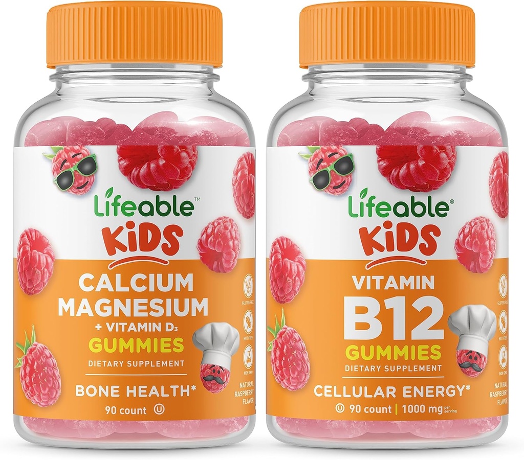 Lifeable Calcium Magnesium Kids + vitamin B12 Kids, Gummies Bundle - Great Tasting, Vitamin Supplement, Gluten Free, GMO Free, Chewable Gummy