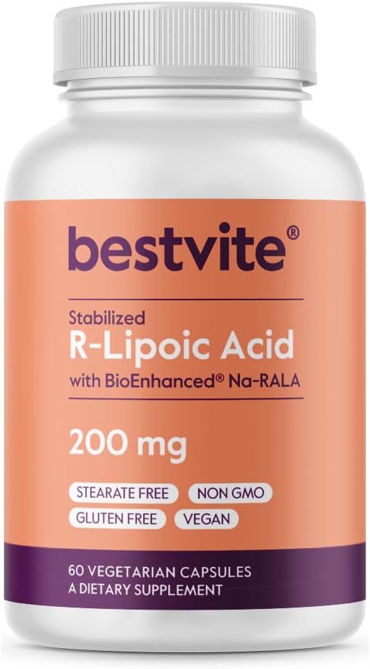 BESTVITE R- Lipoinsyre 200mg stabiliseret med Bio- Enhanced Na- RLA (60 vegetariske kapsler) - Ingen Stearates - Ingen Fillers - Vegan - Gluten Free - Ikke GMO
