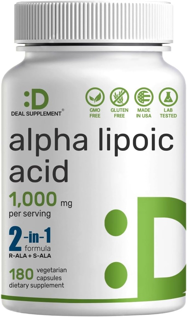 Alpha Lipoic Acid 1. 000mg, 180 Veggie Capsules - 50 / 50 R- ALA & S- ALA for Max Biotilgængelighed - Antioxidant Supplement - Energi & Nervesystemet Support - Non- GMO