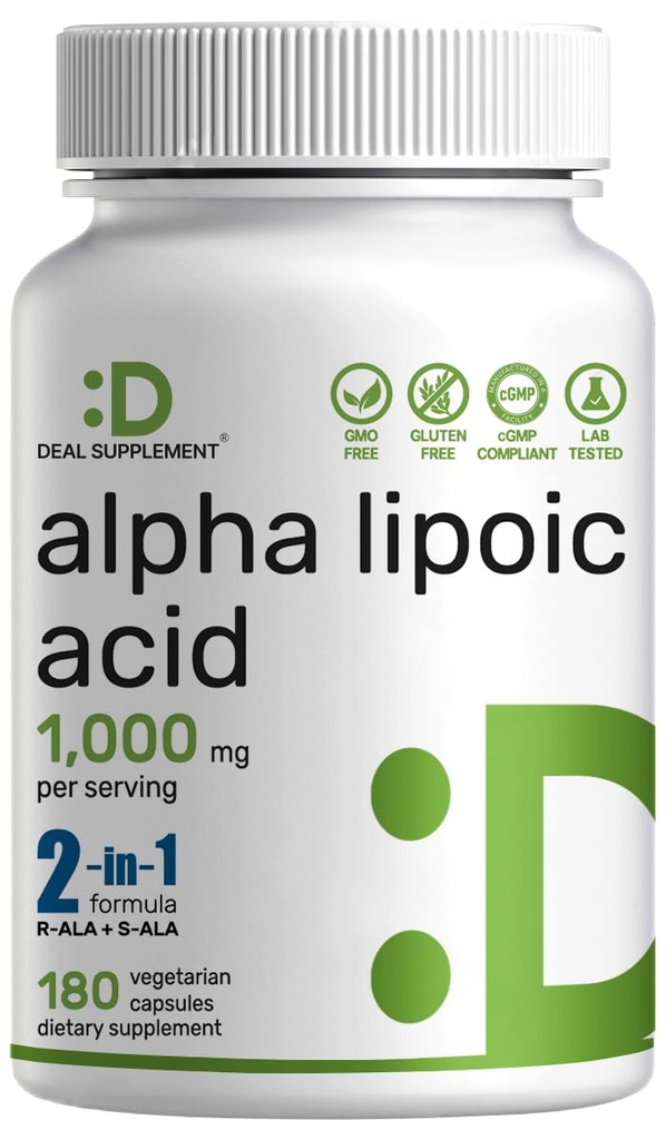 Alpha Lipoic Acid 1. 000mg, 180 Veggie Capsules - 50 / 50 R- ALA & S- ALA for Max Biotilgængelighed - Antioxidant Supplement - Energi & Nervesystemet Support - Non- GMO